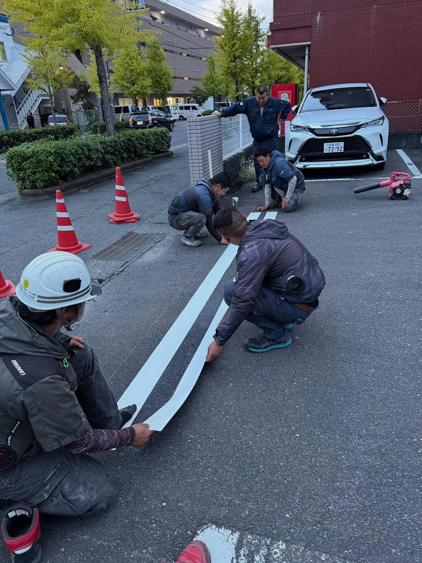 会社の駐車場の出入り口に白線を引きました😆